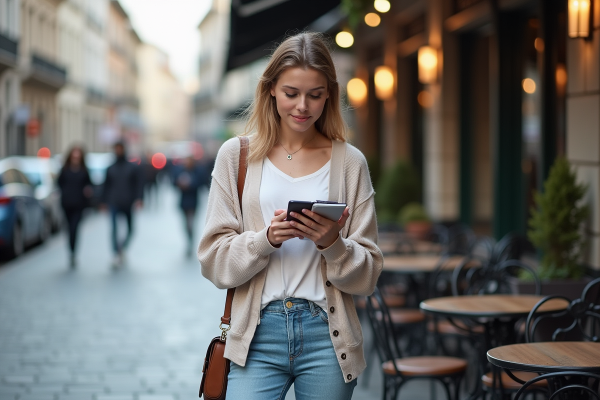 Femme regardant son smartphone dans un café en ville