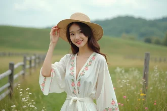 Jeune femme en robe en lin dans un champ de fleurs