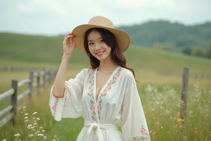 Jeune femme en robe en lin dans un champ de fleurs