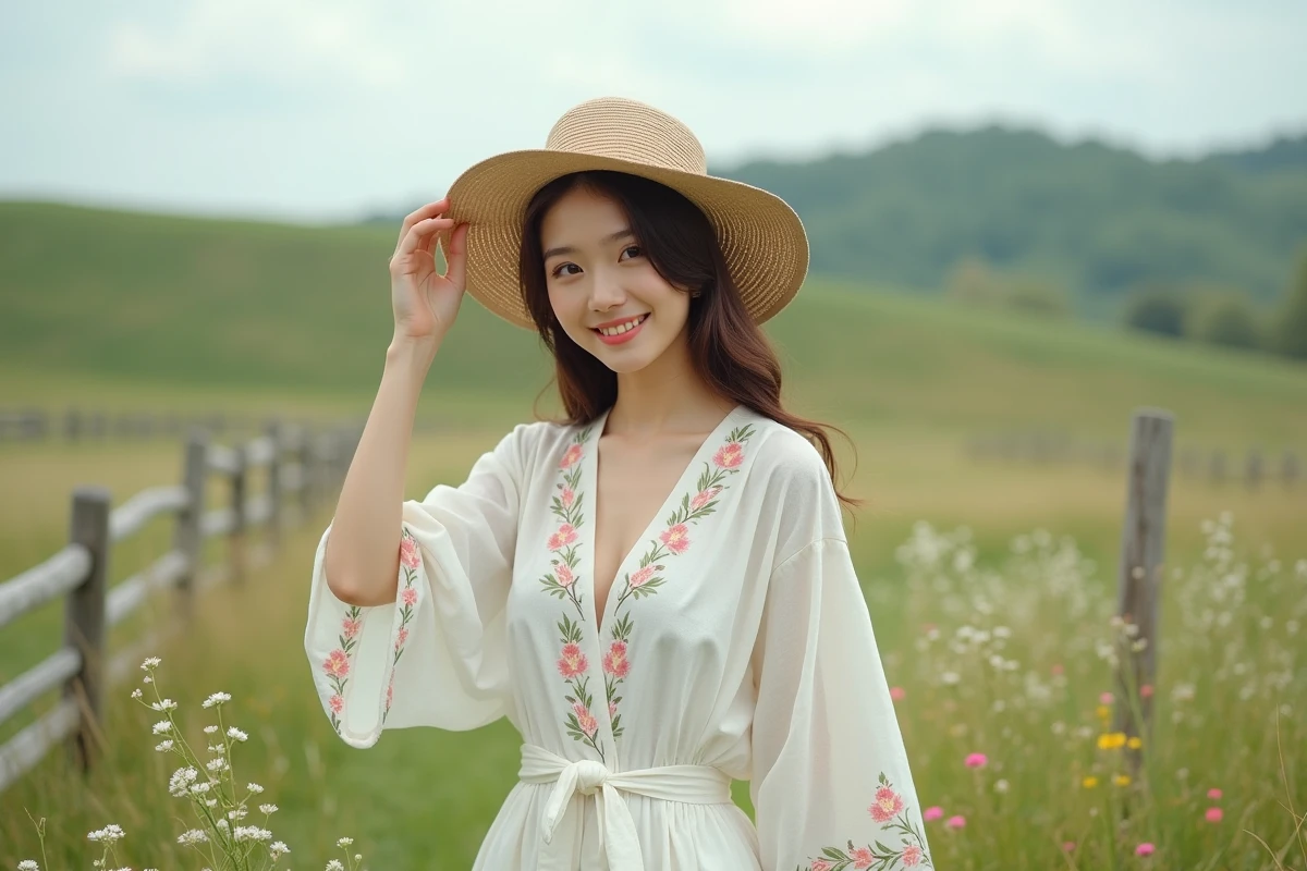 Jeune femme en robe en lin dans un champ de fleurs