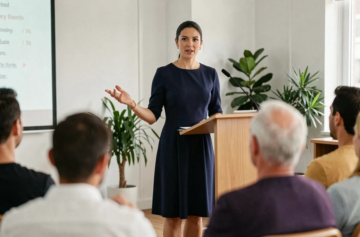 Femme conférencière prenant la parole lors d'une conférence sur le couple, le mariage et la théologie