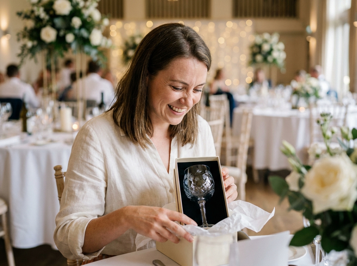 Femme découvrant un verre en cristal gravé comme cadeau de mariage lors d'une réception élégante