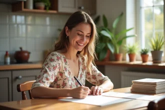 Femme souriante écrivant une carte de mariage dans la cuisine