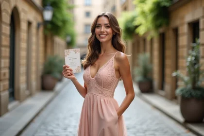 Femme élégante en robe pastel souriant avec invitation mariage