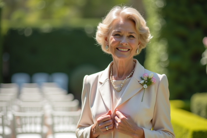Femme élégante ajustant une fleur lors d'un mariage en plein air