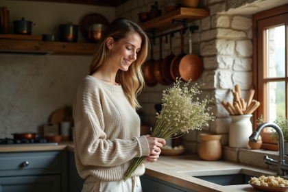 Femme arrangeant des fleurs dans une cuisine rustique chaleureuse