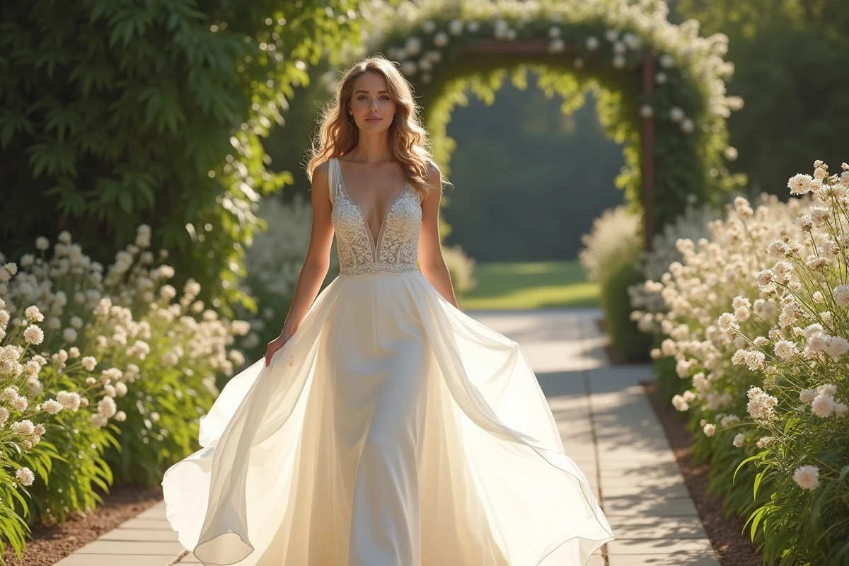Jeune femme en robe de mariée marchant dans un jardin ensoleille