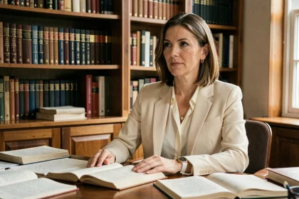 Femme intellectuelle assise à un bureau entouré de livres, réfléchissant au couple et au mariage