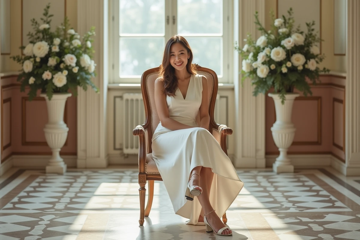 Femme heureuse en robe de satin dans la salle de ceremonie