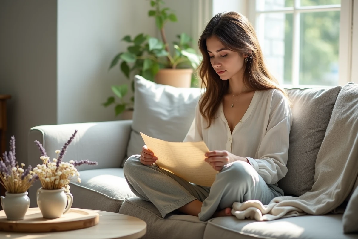 Femme lisant une lettre manuscrite entourée de cadeaux en coton symbolisant la tradition des 2 ans de mariage