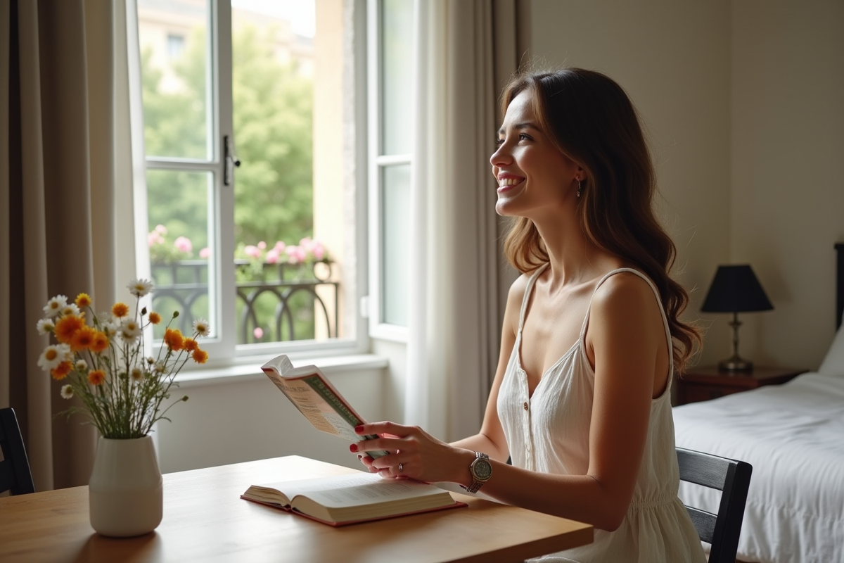 Femme souriante lisant un guide de voyage au petit déjeuner