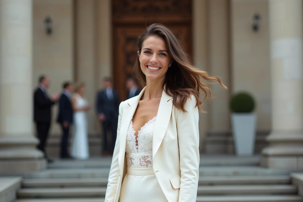 Femme souriante en robe blanche devant la mairie historique