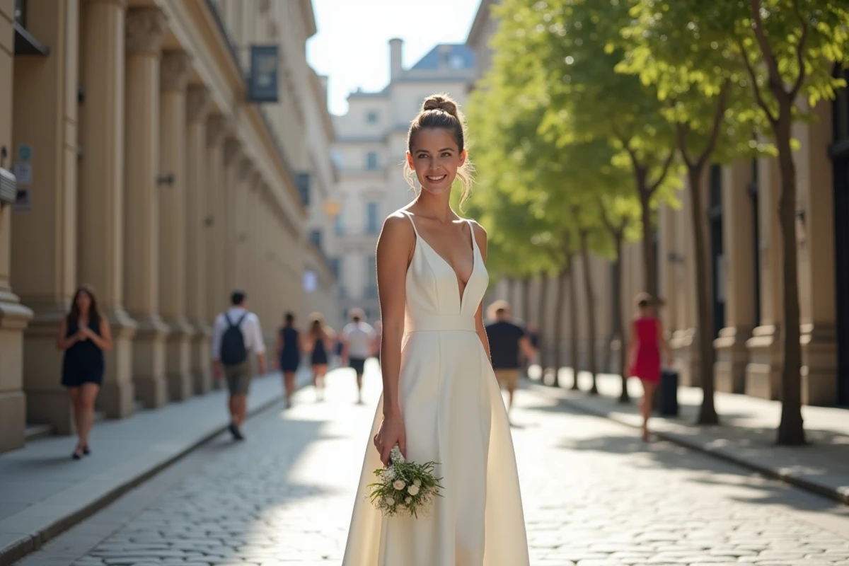 Femme en robe de mariage blanche en ville élégante
