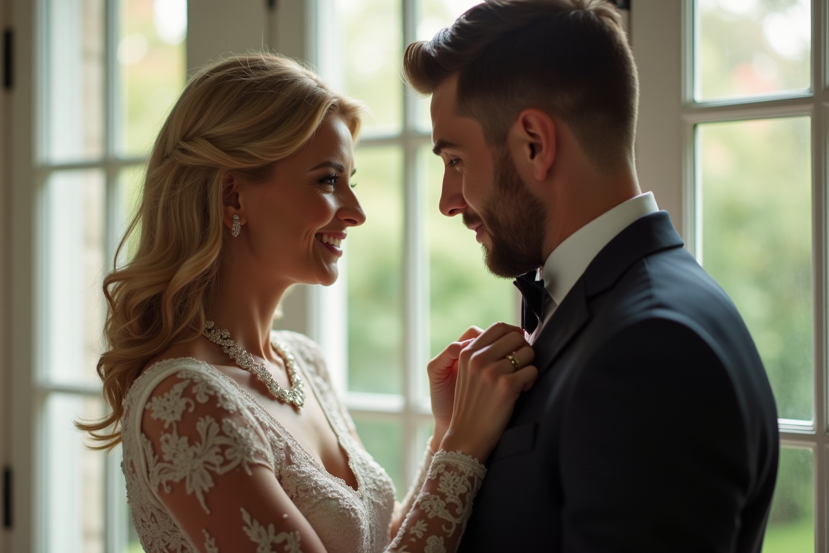 Femme mature aidant son fils à ajuster sa boutonnière avant le mariage