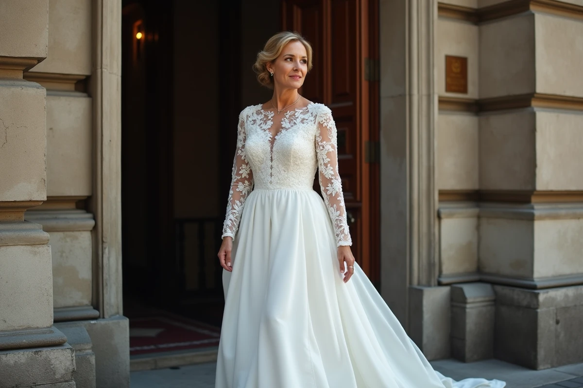 Femme mature en robe de mari&eacute;e en dentelle sortant d&rsquo;un b&acirc;timent historique