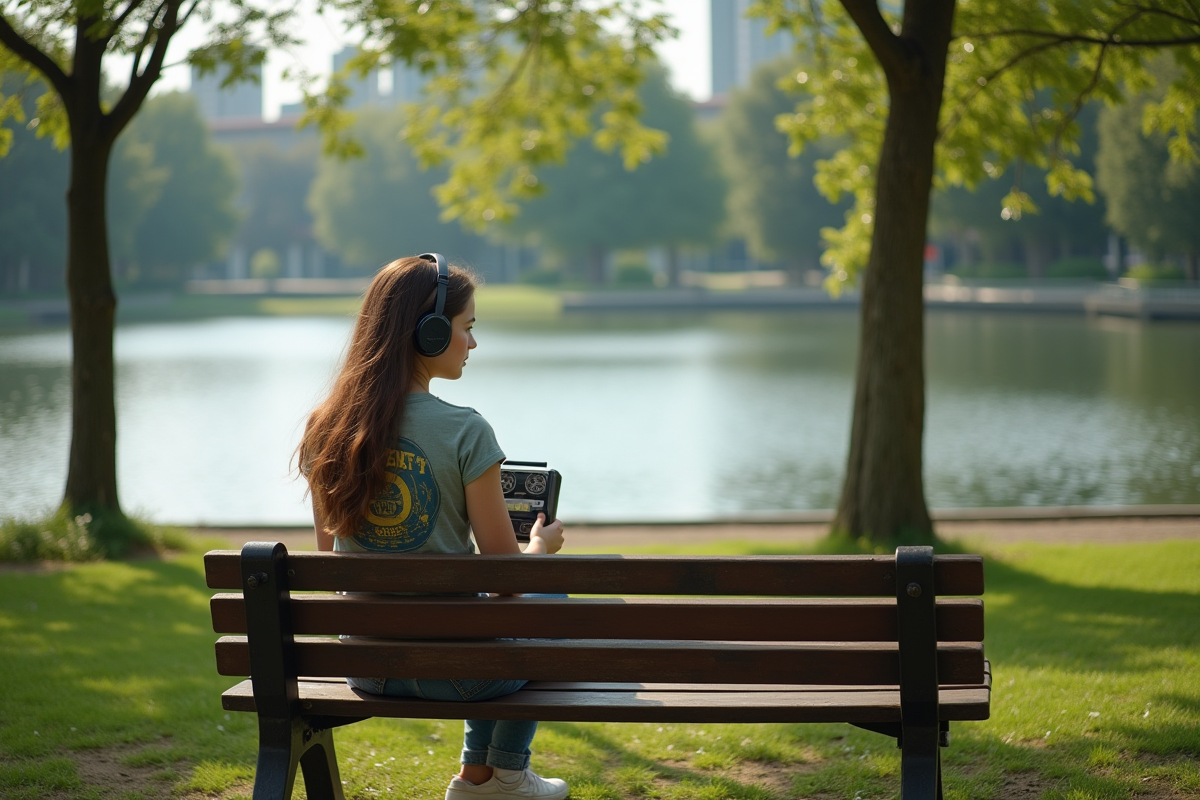 Jeune femme assise sur un banc au parc avec un enregistreur