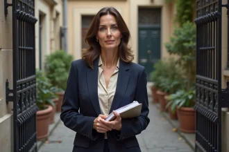 Femme française élégante devant une grille parisienne