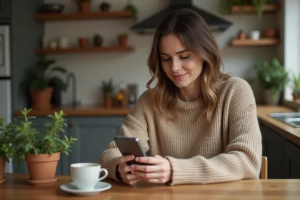 Femme écrivant un message de remerciement pour une invitation sur son smartphone à la maison