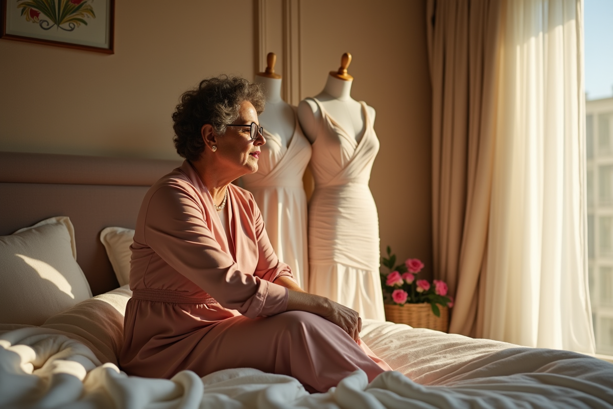 Femme assise choisissant une robe pour le mariage dans la lumière du matin
