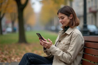 Femme seule dans un parc utilisant une application de rencontres de voisinage sur son smartphone en automne