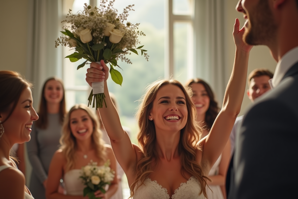 Femme souriante levant son bouquet lors d