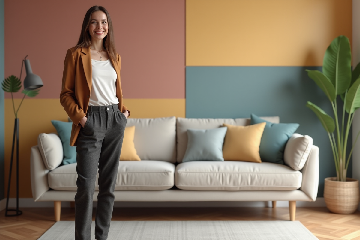Femme souriante dans un salon aux palettes harmonieuses