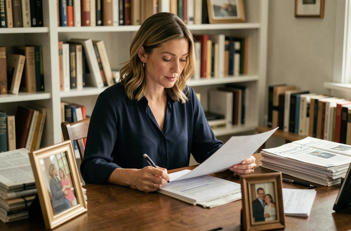 Femme concentrée dans une bibliothèque personnelle symbolisant le soutien discret dans la vie d'un personnage médiatique