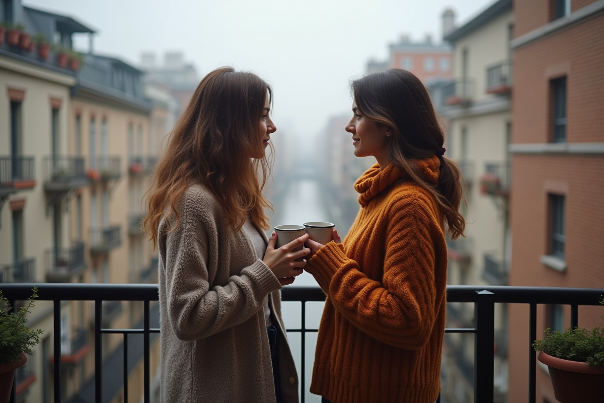 Deux femmes regardant la ville depuis un balcon