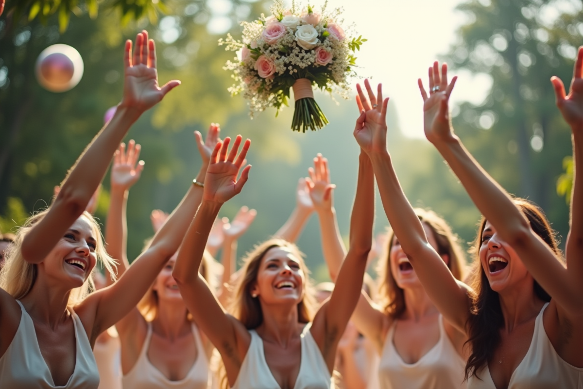 Femmes joyeuses attrapant le bouquet de mariage en plein air
