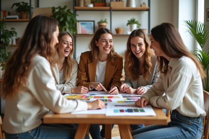 Groupe de femmes autour d'un moodboard coloré en intérieur