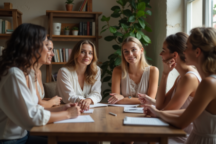 Groupe de femmes diverses en discussion dans un cadre cosy