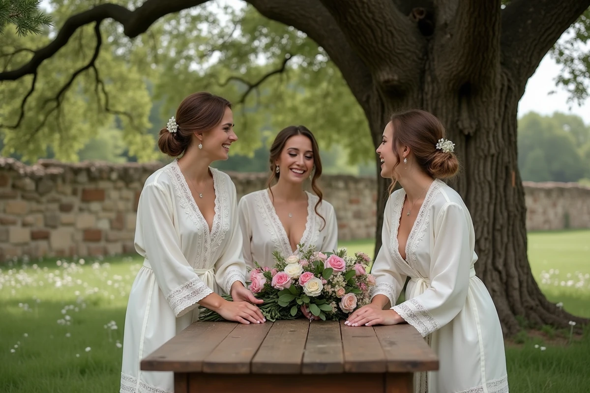 Trois femmes en robes champêtre arrangeant des bouquets