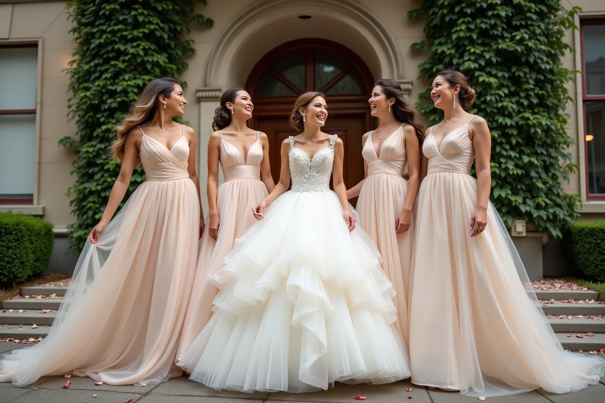 Groupe de mari&eacute;es joyeuses sur les escaliers d