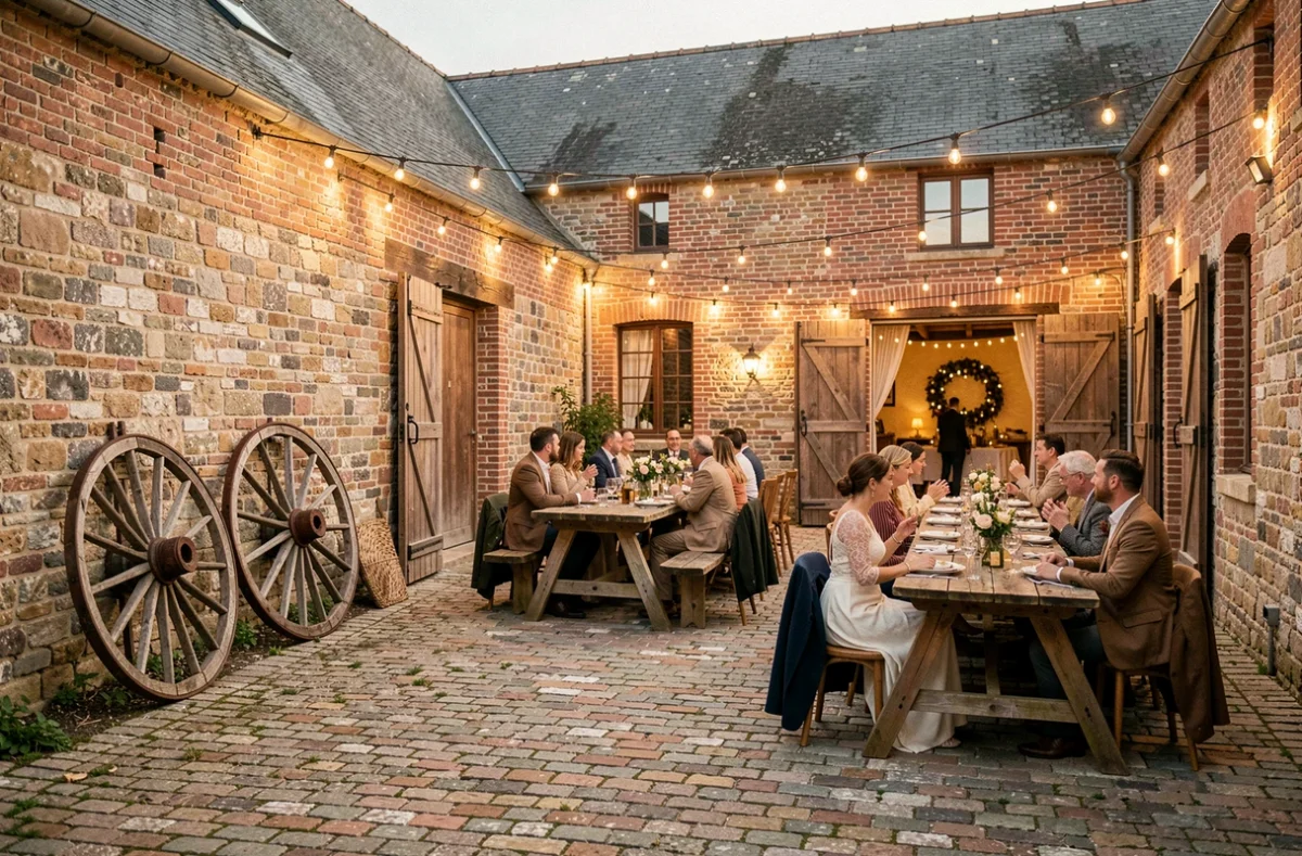 La Ferme de la Motte, cour en U avec pavés et réception champêtre en plein air avec guirlandes lumineuses