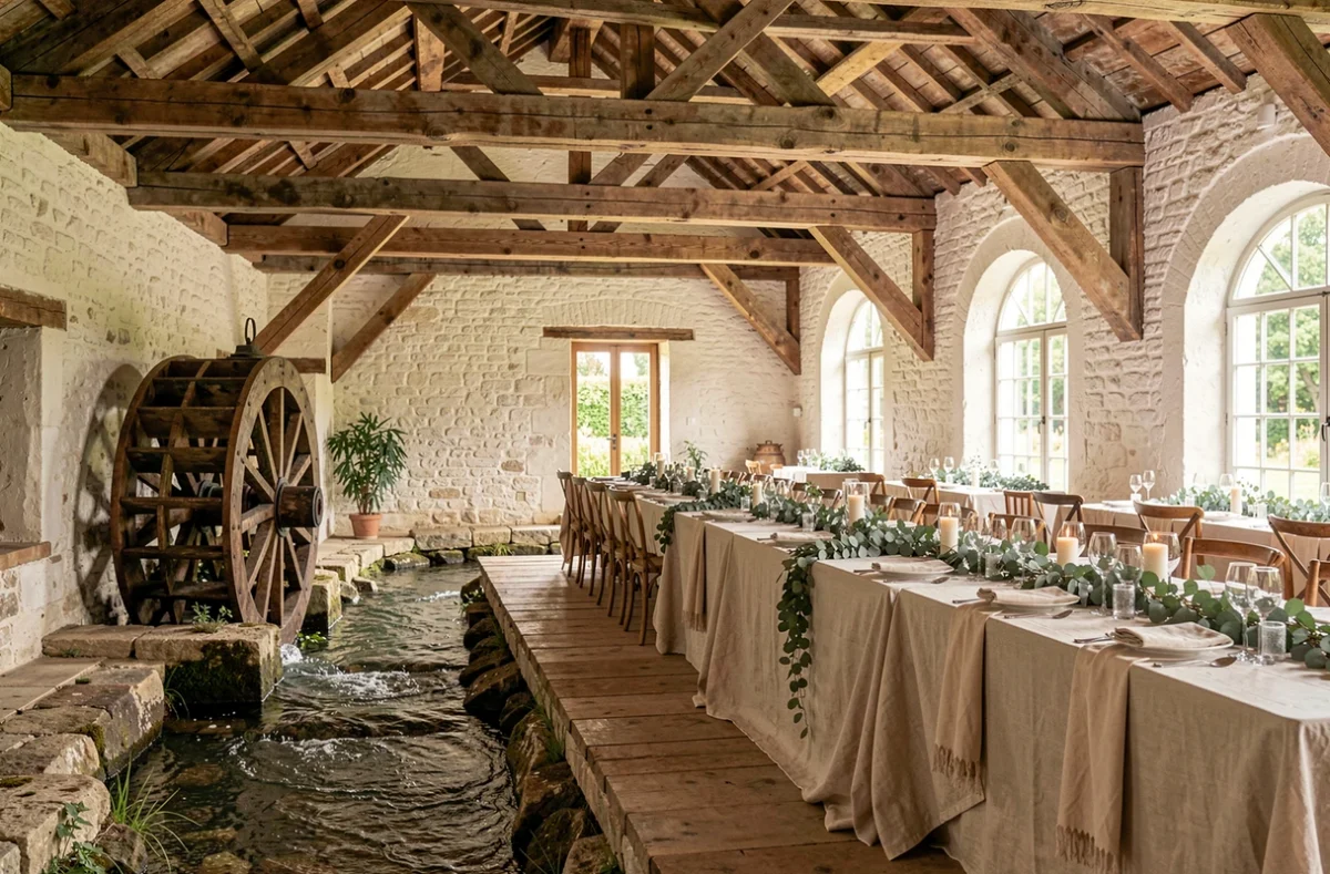 La Ferme du Moulin, salle de réception intérieure avec poutres apparentes, murs en pierre blanchis et tables en lin naturel