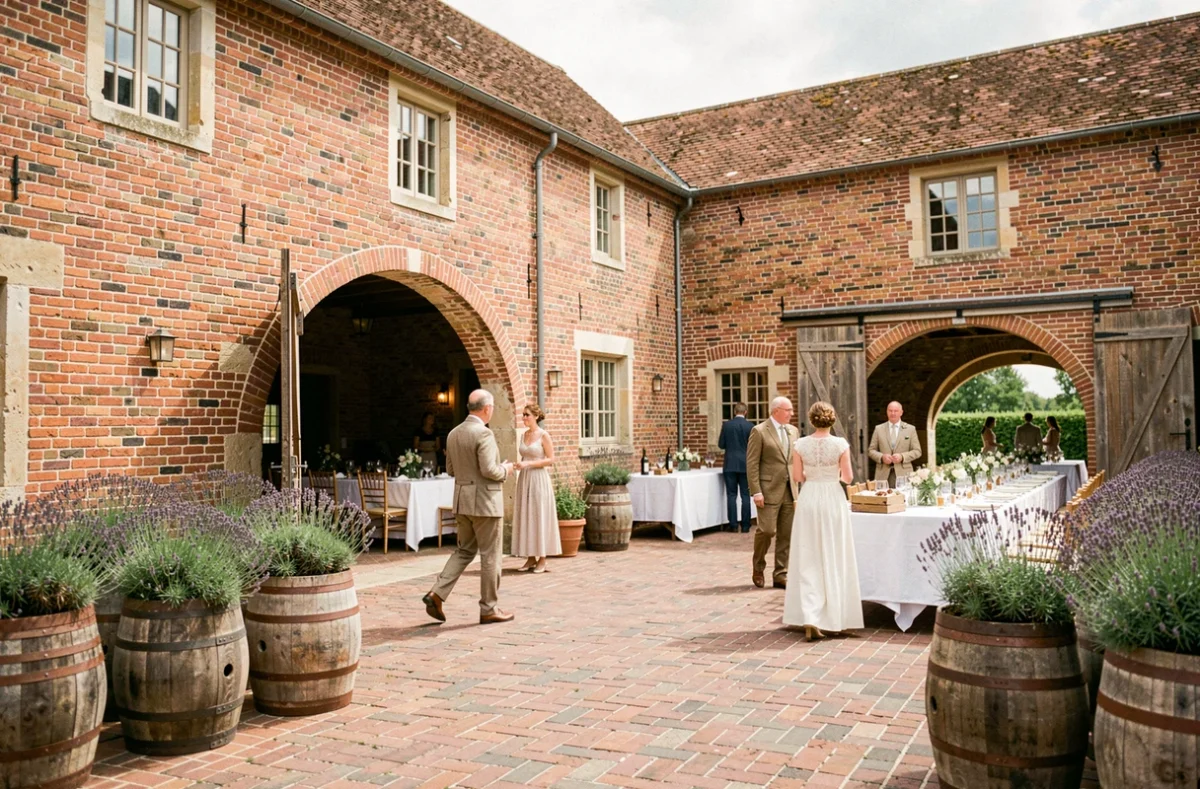 La Ferme Saint-Chrysole, ferme flamande restaurée avec cour intérieure pavée et décoration rustique pour un banquet de mariage