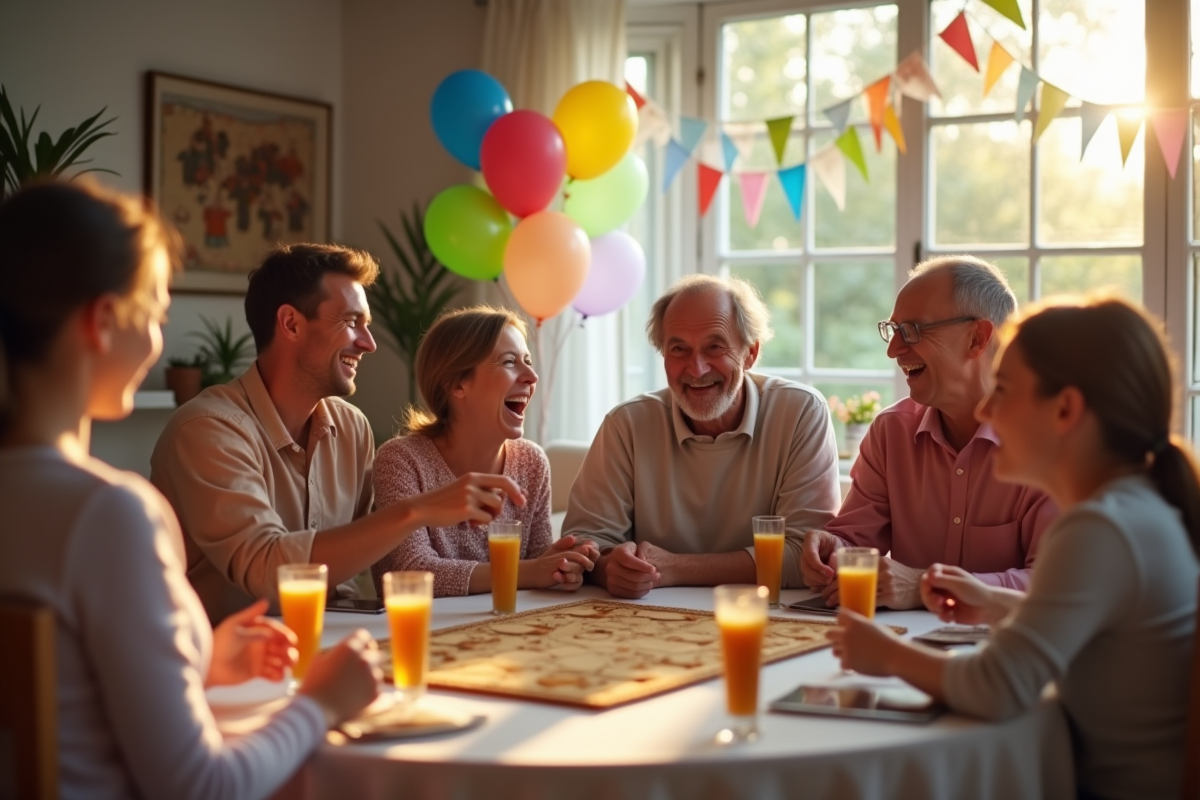 Groupe de personnes riant lors d'une fête dans un salon décoré