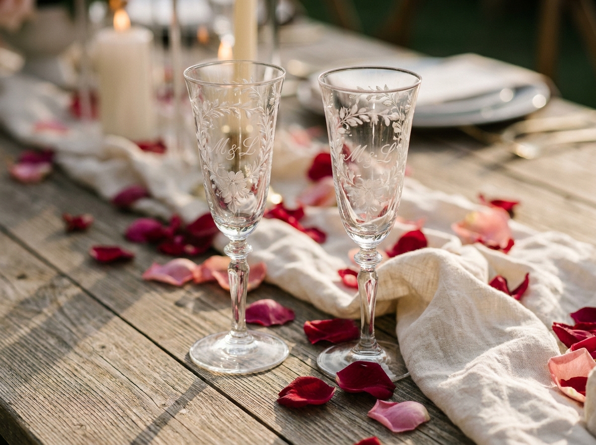 Deux flûtes à champagne gravées avec initiales sur une table en bois rustique décorée de pétales de roses pour un mariage