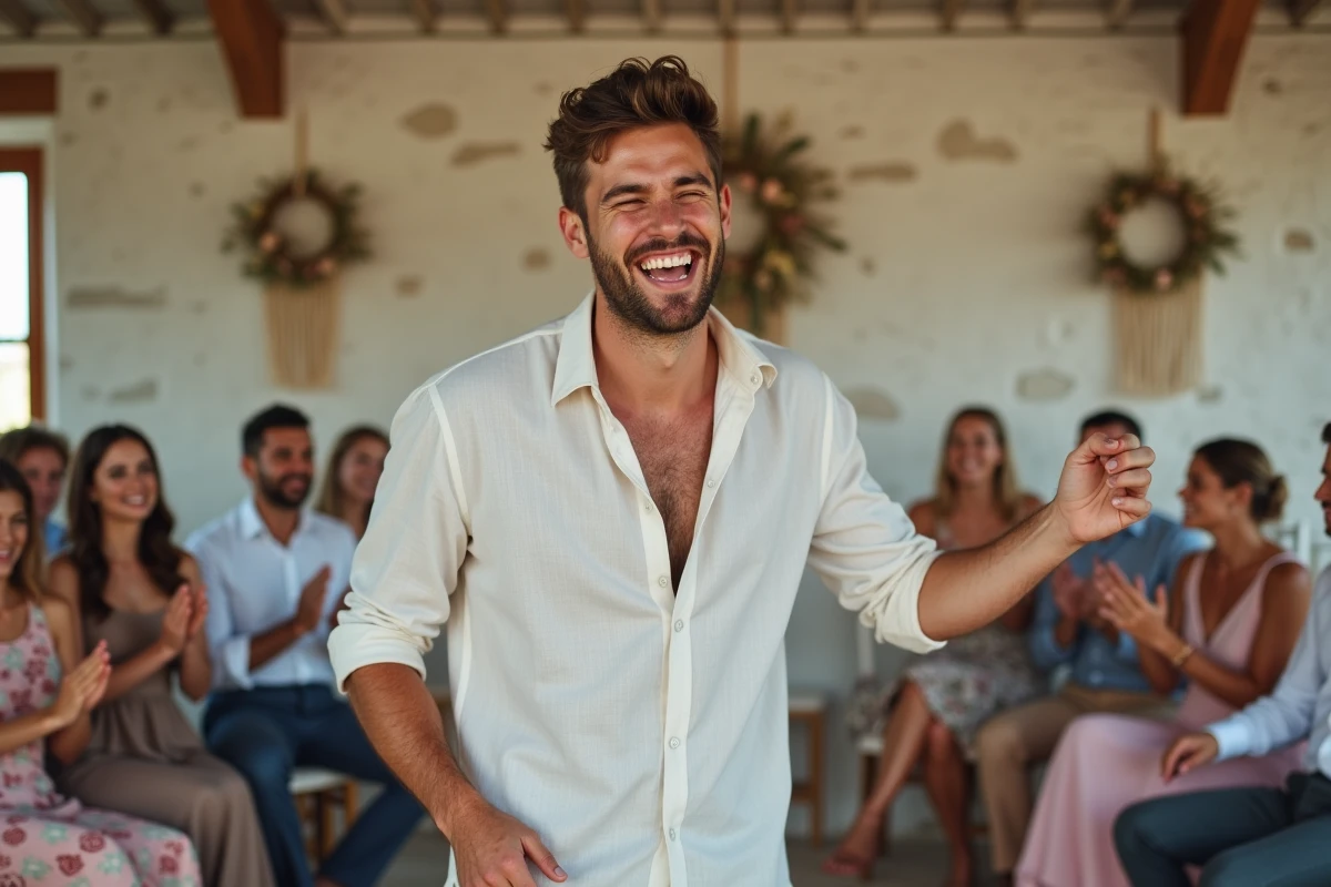 Jeune homme accomplissant un gage rigolo devant des invités amusés lors d'un mariage bohème en intérieur