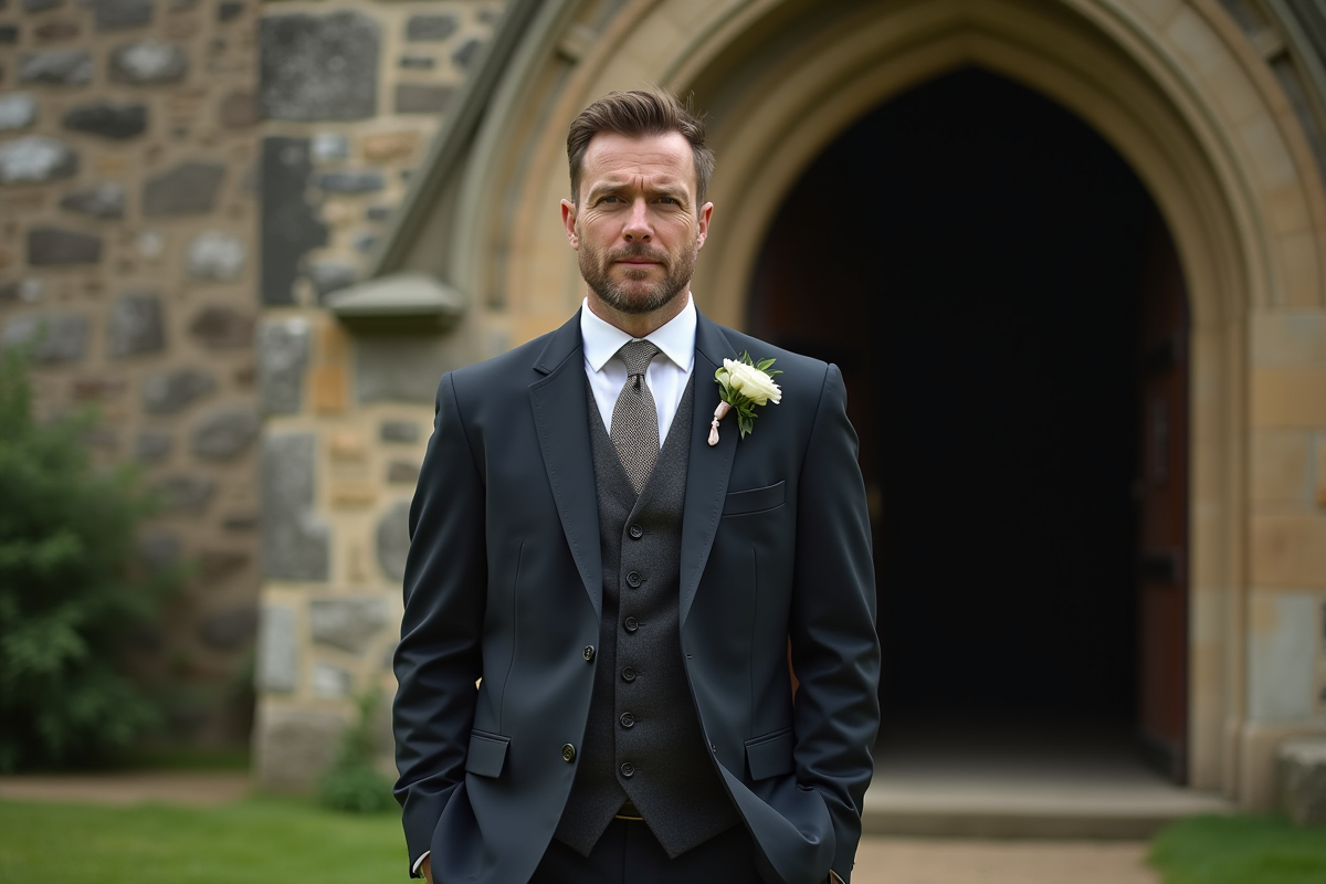 Groom en costume devant une vieille église en pierre