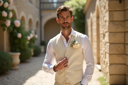 Homme en gilet blanc mariage en lin ivoire dans une cour de château français, portrait élégant pour mariage champêtre