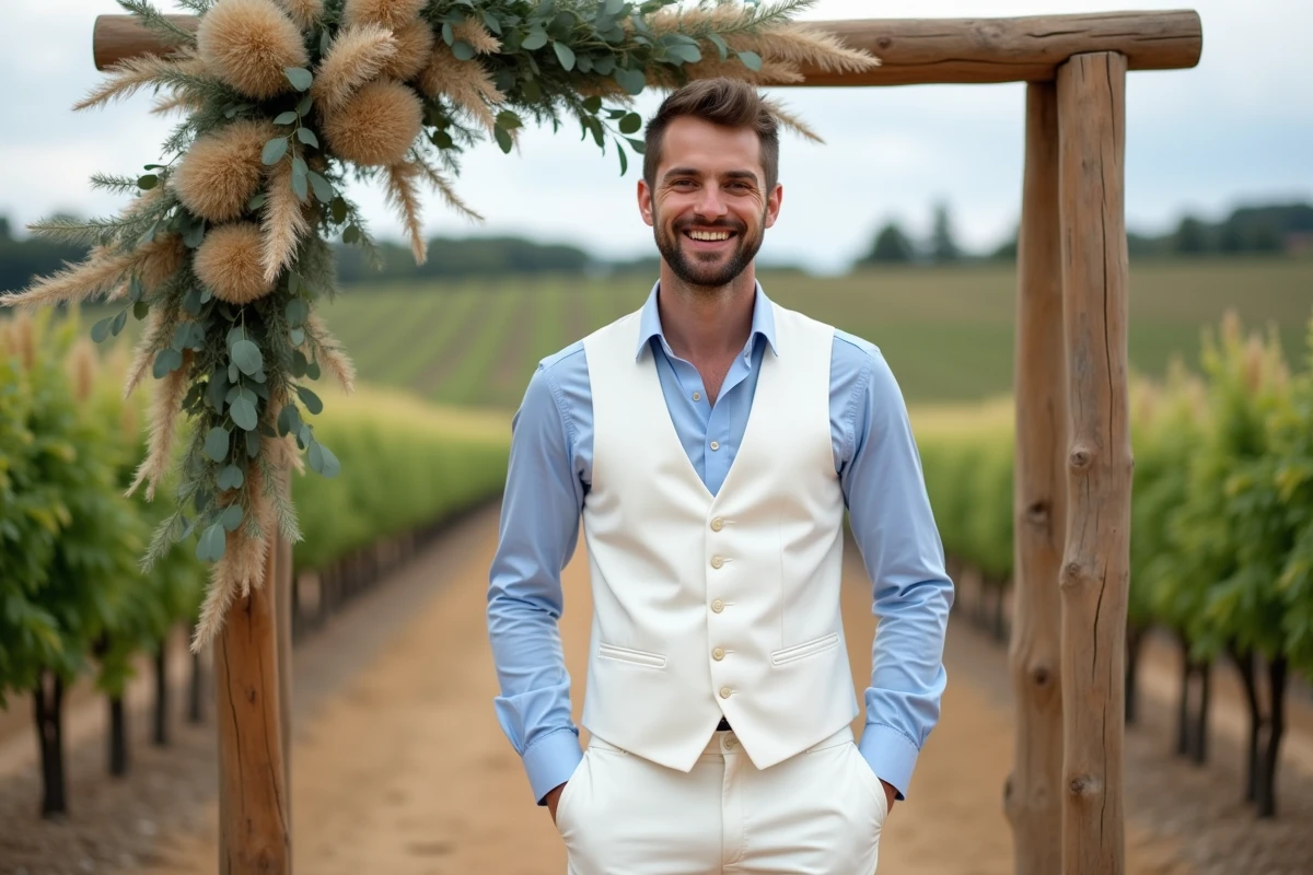 Marié en gilet blanc slim fit devant une arche de cérémonie en extérieur dans un vignoble provençal