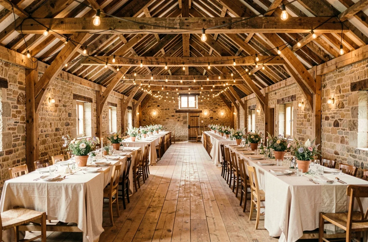 Intérieur de La Grange d'Espins avec ses poutres en chêne massif et sa décoration champêtre pour un mariage en Normandie
