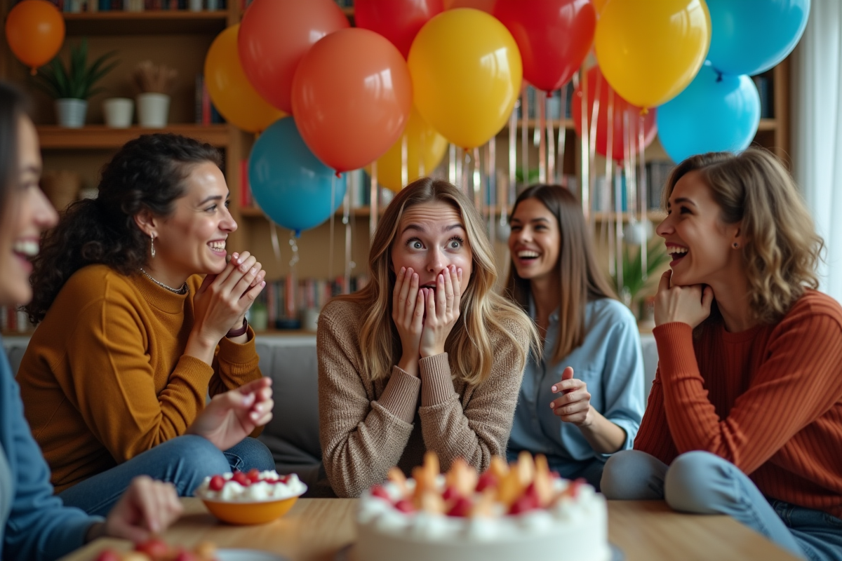 Groupe d'amis souriants dans un salon décoré pour une fête