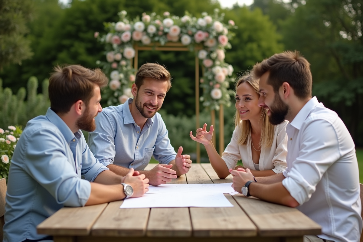 Groupe discutant de la liste des invités en extérieur