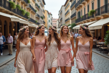 Groupe de femmes en robes pastel dans une ville européenne
