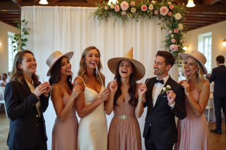 Invités élégants posant avec accessoires lors d'un mariage rustique