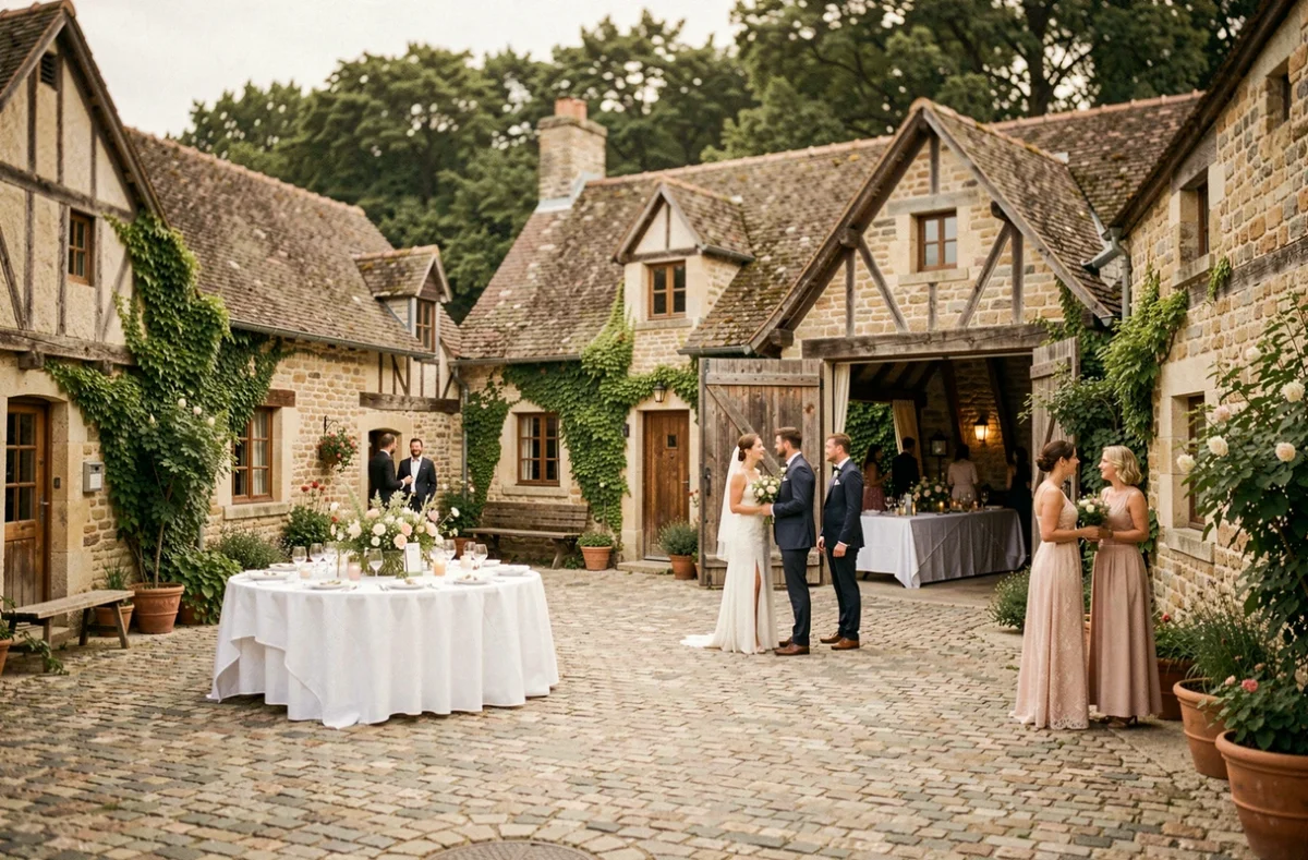 Le Hameau de la Becque, lieu de réception rustique avec cours en pavés et cottages en pierre couverts de lierre