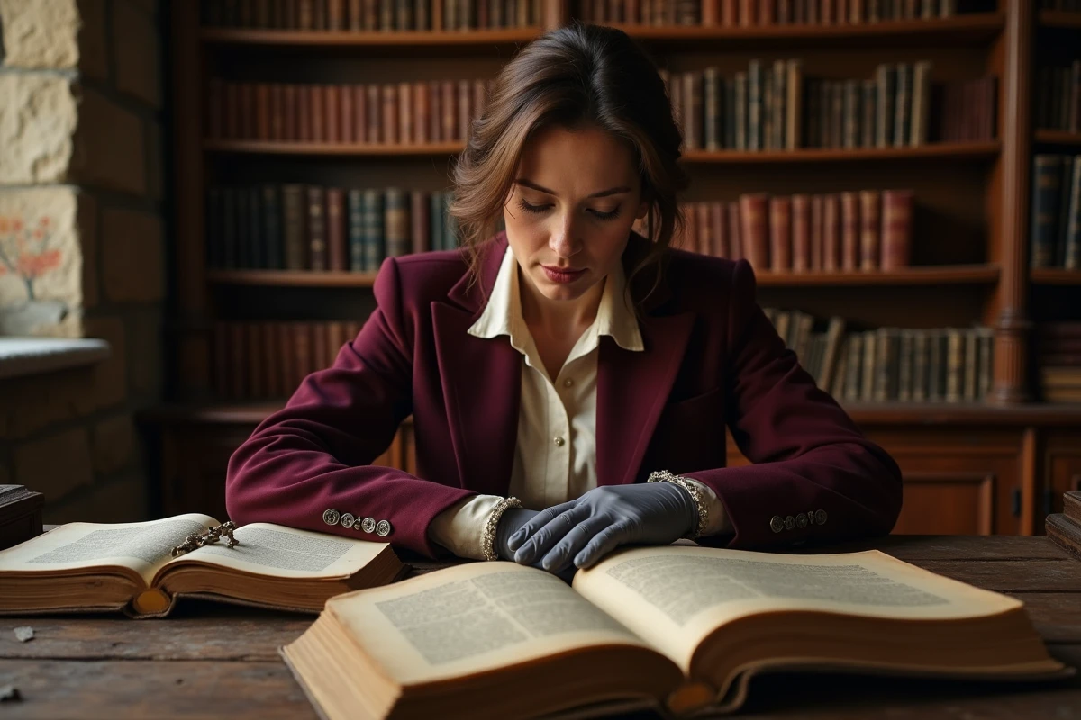 Historienne examinant des manuscrits anciens sur Catherine Parr et ses époux dans une bibliothèque Tudor