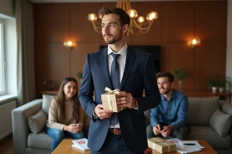 Jeune homme en costume avec cadeau lors d'une fête